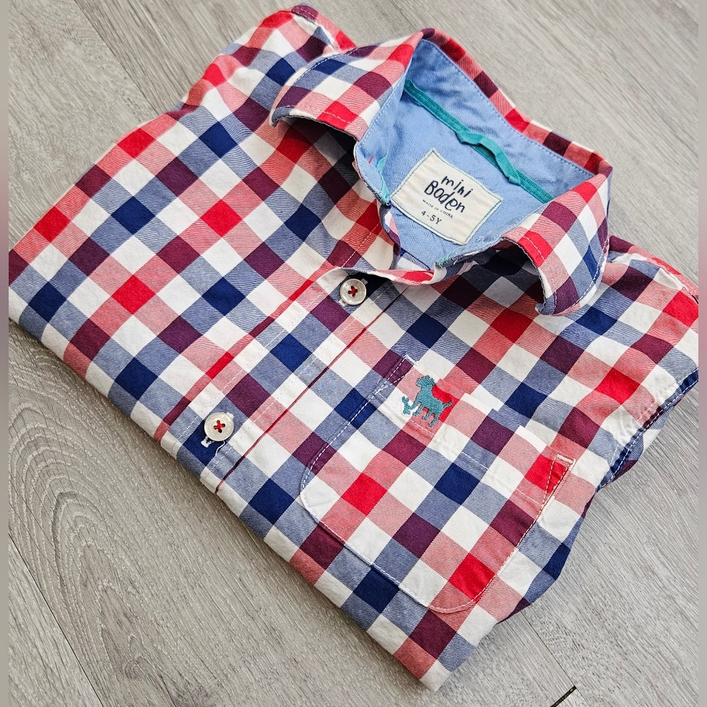 Mini Boden Boy's Size 4-5Y Plaid Button Down Shirt Red Blue White Checkered